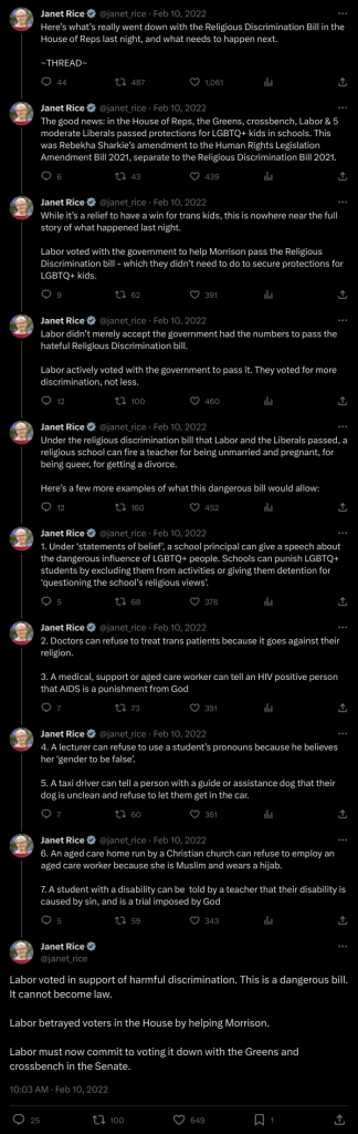 Janet Rice

Here’s what’s really went down with the Religious Discrimination Bill in the House of Reps last night, and what needs to happen next.

~THREAD~
The good news: in the House of Reps, the Greens, crossbench, Labor & 5 moderate Liberals passed protections for LGBTQ+ kids in schools. This was Rebekha Sharkie’s amendment to the Human Rights Legislation Amendment Bill 2021, separate to the Religious Discrimination Bill 2021.
While it’s a relief to have a win for trans kids, this is nowhere near the full story of what happened last night.

Labor voted with the government to help Morrison pass the Religious Discrimination bill - which they didn’t need to do to secure protections for LGBTQ+ kids.
Labor didn’t merely accept the government had the numbers to pass the hateful Religious Discrimination bill.

Labor actively voted with the government to pass it. They voted for more discrimination, not less.
Under the religious discrimination bill that Labor and the Liberals passed, a religious school can fire a teacher for being unmarried and pregnant, for being queer, for getting a divorce.

Here’s a few more examples of what this dangerous bill would allow:
1. Under ‘statements of belief’, a school principal can give a speech about the dangerous influence of LGBTQ+ people. Schools can punish LGBTQ+ students by excluding them from activities or giving them detention for ‘questioning the school’s religious views’.
2. Doctors can refuse to treat trans patients because it goes against their religion.

3. A medical, support or aged care worker can tell an HIV positive person that AIDS is a punishment from God
4. A lecturer can refuse to use a student’s pronouns because he believes her ‘gender to be false’.

5. A taxi driver can tell a person with a guide or assistance dog that their dog is unclean and refuse to let them get in the car.
6. An aged care home run by a Christian church can refuse to employ an aged care worker because she is Muslim and wears a hijab.

7. A student with a disability can be told by a teacher that their disability is caused by sin, and is a trial imposed by God
Labor voted in support of harmful discrimination. This is a dangerous bill. It cannot become law.

Labor betrayed voters in the House by helping Morrison.

Labor must now commit to voting it down with the Greens and crossbench in the Senate. 