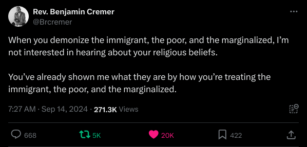 Rev. Benjamin Cremer
@Brcremer
When you demonise the immigrant, the poor, and the marginalised, I'm not interested in hearing about your religious beliefs.

You've already shown me what they are by how you're treating the immigrant, the poor, and the marginalised.